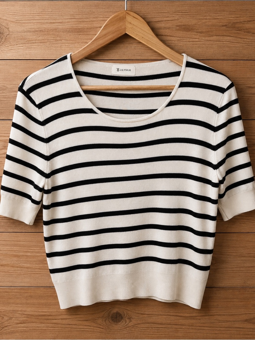 Lilysilk Scoopneck Mulberry Silk Knit Striped Cream Top - Picture 15 of 15
